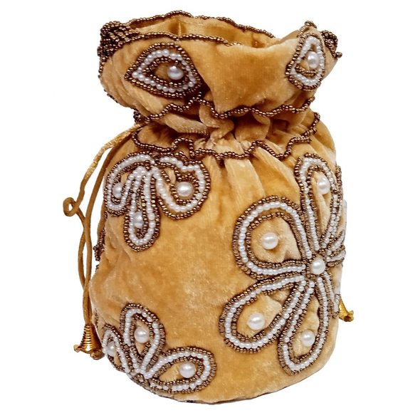 Chenille Potli Bag Clutch, Drawstring Purse Intricate Bead Work Satchel :^) - Picture 1 of 5